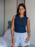 Women Summer Pajama set Dark Blue Top + White X Indigo Stripes Shorts